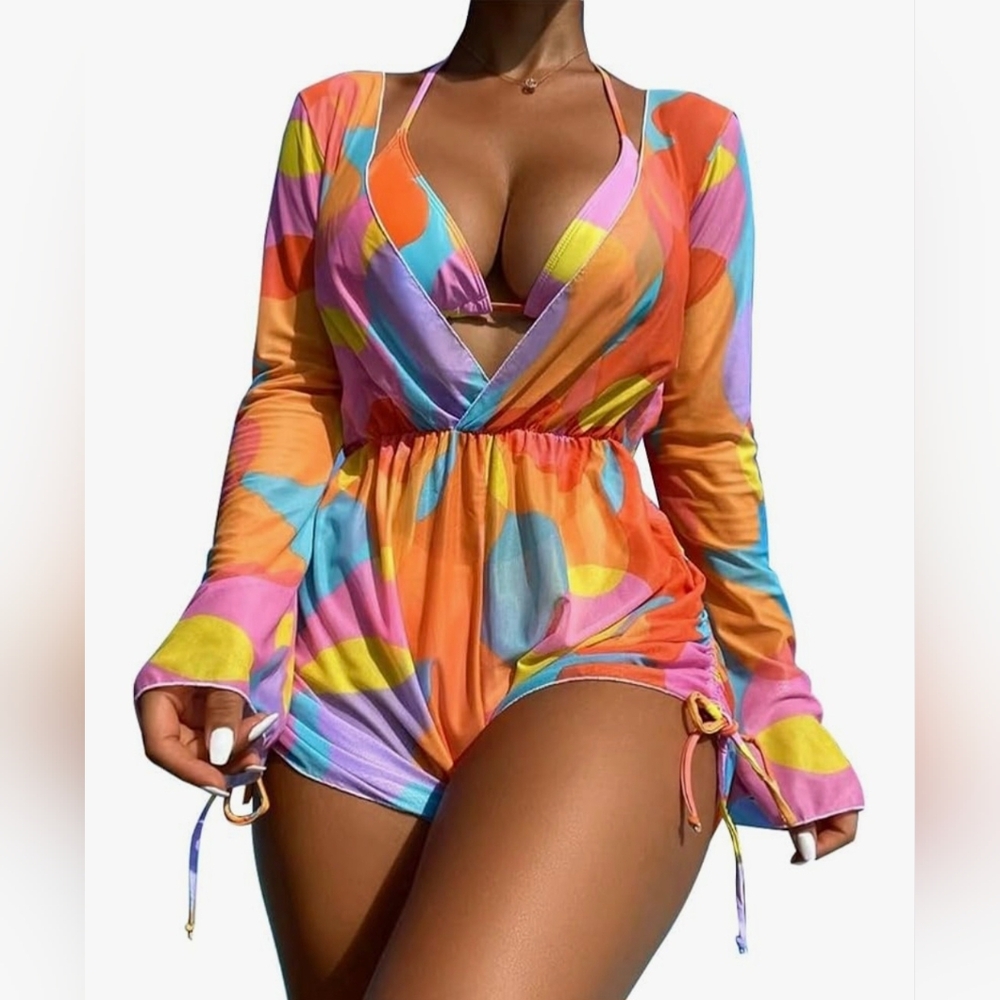 Odasdo Women's Sexy 3 Piece Bikini Set w/ Long Sleeve Mesh Romper Coverup